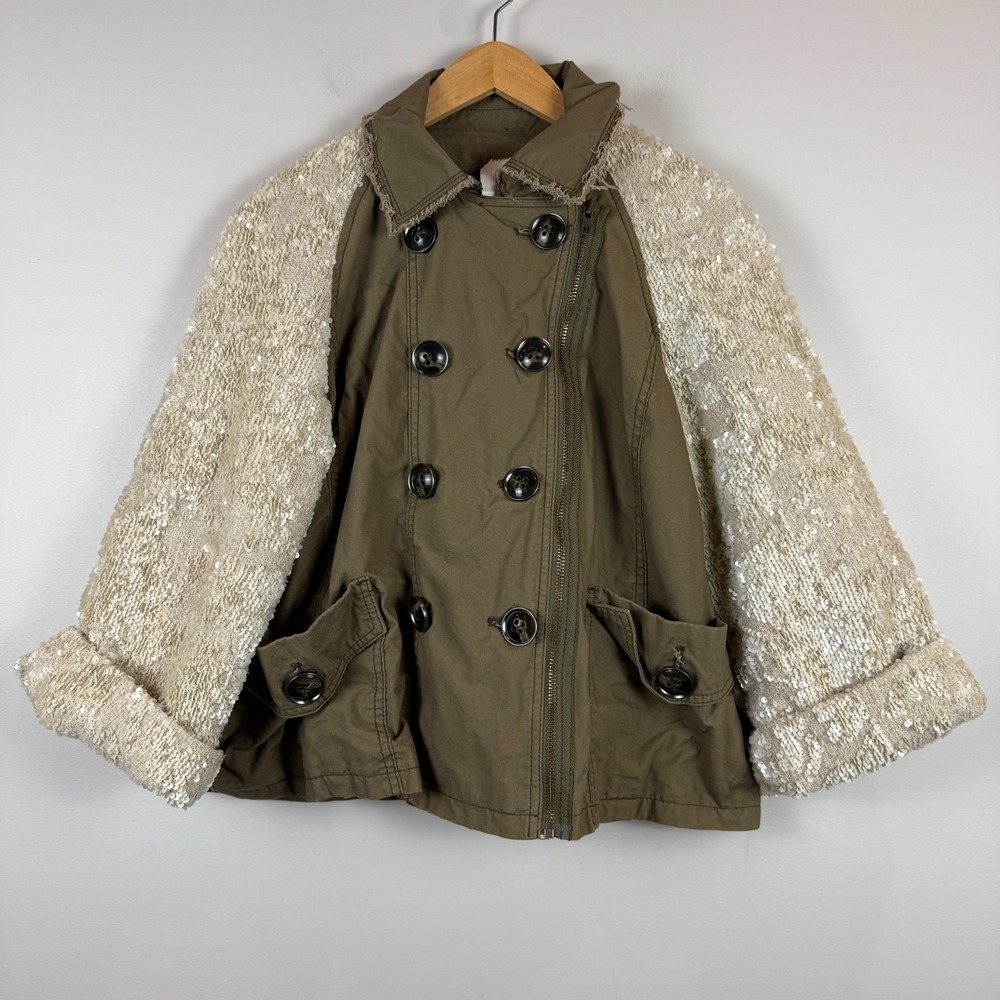 Hei Hei Anthropologie Jacket Women L Army Green Sequin Full Zip Military Utility